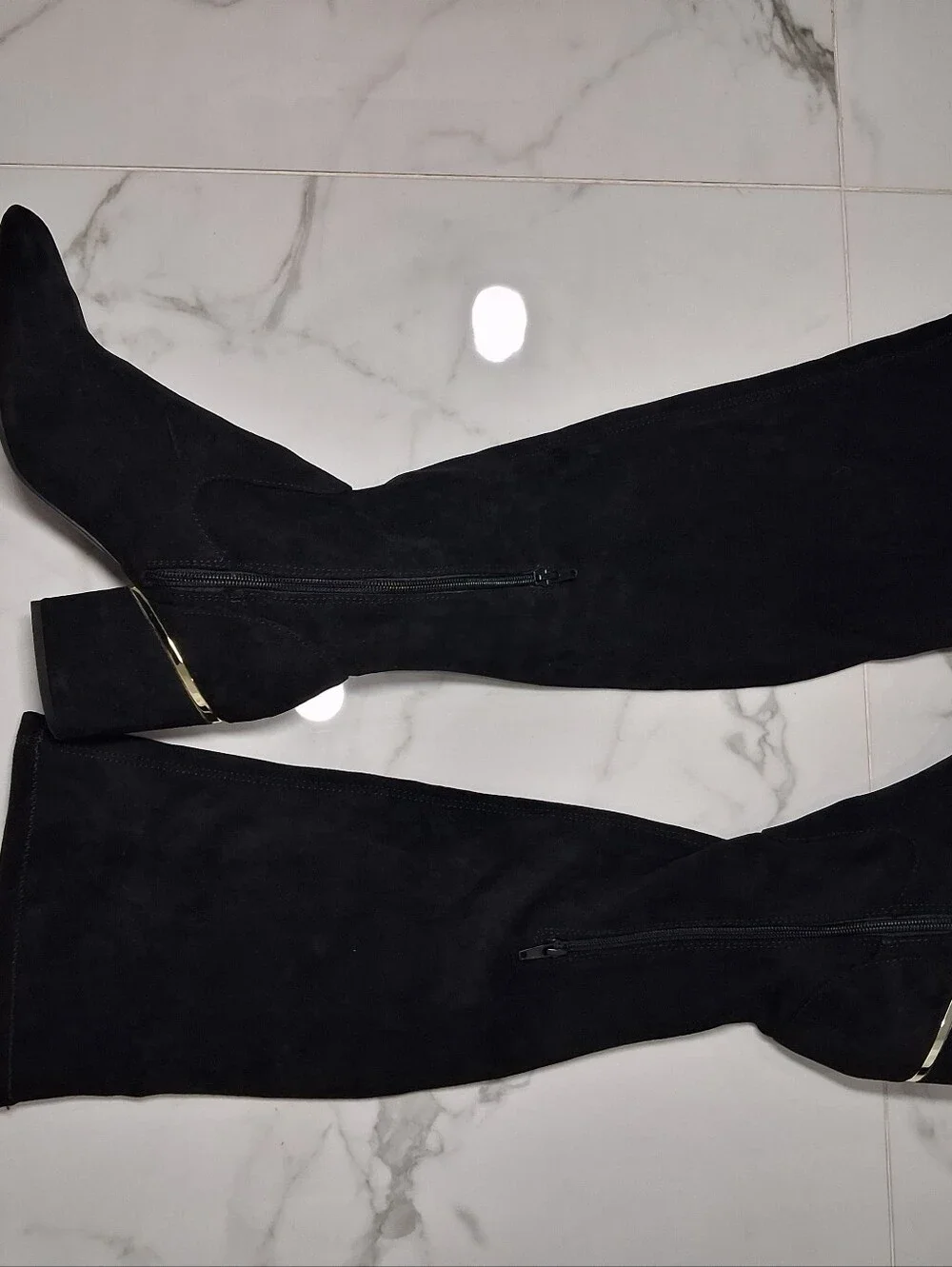 Express Knee High Black Fabric Suede Boots Block Heel Gold Accent Size 8.5
